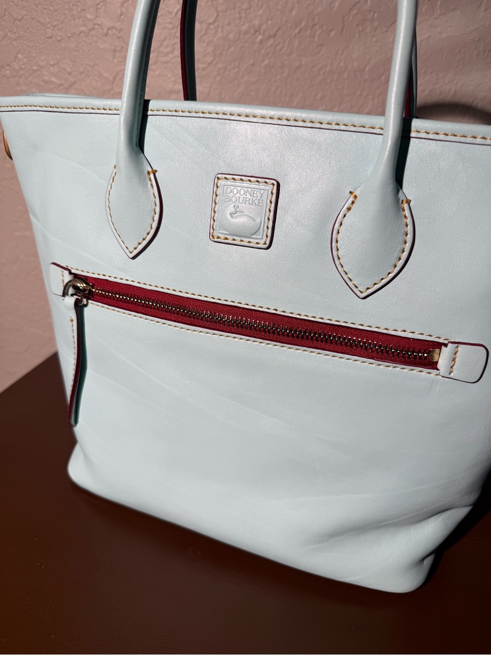Dooney & Bourke Florentine Handle Tote – Pale Blue & Dark Red ($498) - Picture 4 of 16